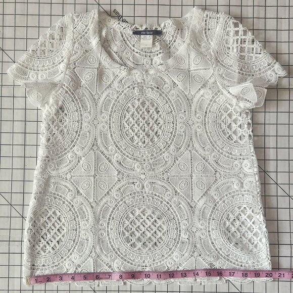 ModCloth Blue Tassel White Lace Short Sleeve Top Size S Like New - Picture 4 of 11